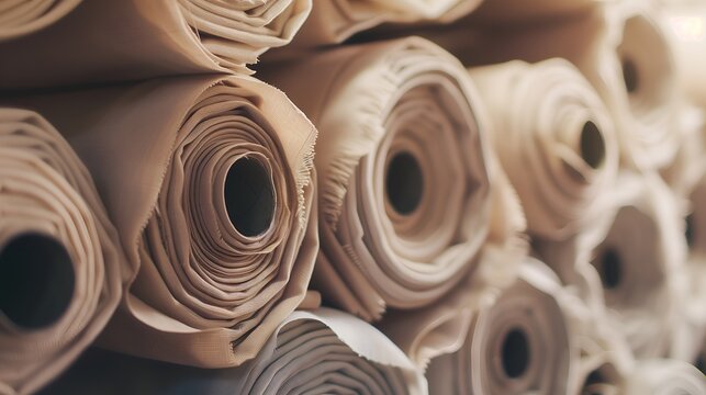 Rolls of neutral fabric stacked in textile warehouse, sustainable material production background, textile manufacturing