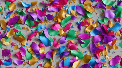 party carnival texture, a lively, seamless pattern capturing the spirit of a purim carnival with a vibrant mix of confetti, streamers, and masks on a light-gray base