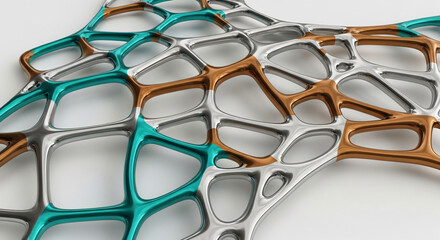 Abstract three-dimensional structure featuring an organic cell pattern with blue-green, copper, and silver metallic sections, representing interconnectivity