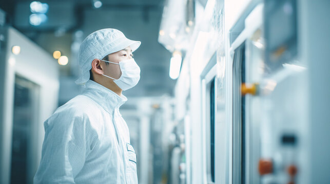 工場内でマスクを着用し監視作業を行う男性作業員
