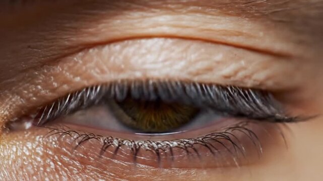 Extreme close-up of a human eye with green iris and detailed eyelashes