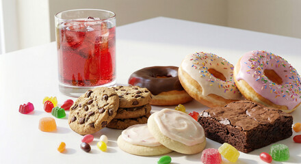 Assorted Cookies, Donuts, Brownies, and Candy With Beverage on White Table