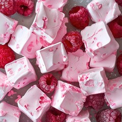 Pink marshmallows with fresh raspberries in the form of cubes. A delicate and sweet dessert.