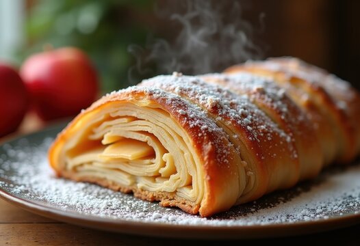 Authentic Apple Strudel Dessert with Dusting of Powdered Sugar Traditional Pastry Experience