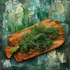 A bunch of fresh dill on a wooden board, fragrant herbs and seasoning.