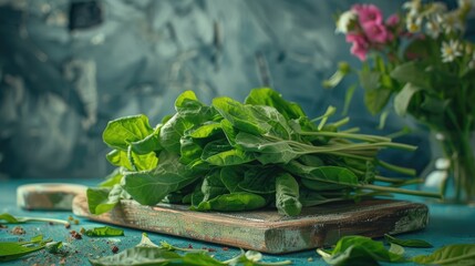 A bunch of fresh green sorrel on a wooden board, fragrant herbs and seasoning.