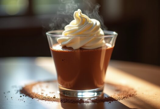 Decadent Chocolate Mousse Presentation in Sleek Glass Cup Above Whipped Topping Decorative Swirl