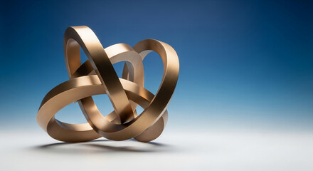 Metallic looped sculpture with bronze finish, against blue gradient backdrop. Symbolizes complex connection, infinity, and artistic representation