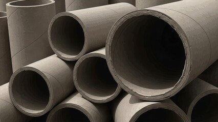 Stack of Concrete Pipes for Construction.