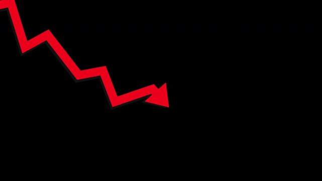 Animated Red falling down arrow zigzag line indicates financial loss concept, stock market fall, business loss, market crash, economic loss. Red zigzag downward indicator arrow direction 4K