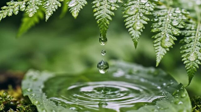 A serene water droplet falls onto a lush green leaf creating ripples in a natural forest setting from a close-up viewpoint