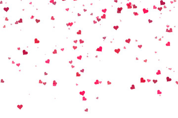 Vibrant red and pink heart confetti scattered on a stark black background isolated on transparent background