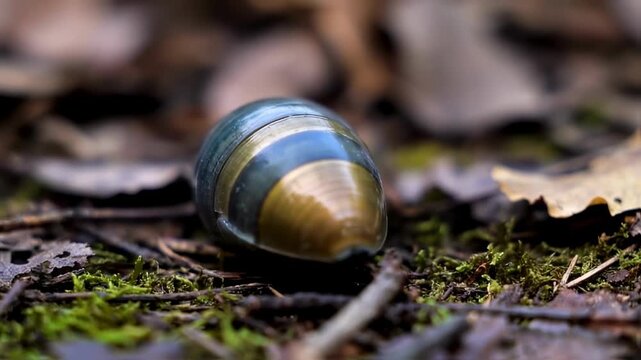 Small, colorful, shelled creature on forest floor