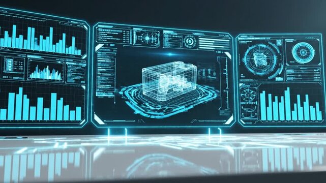 Futuristic data analysis interface displaying 3D cube and various graphs on sleek digital dashboard