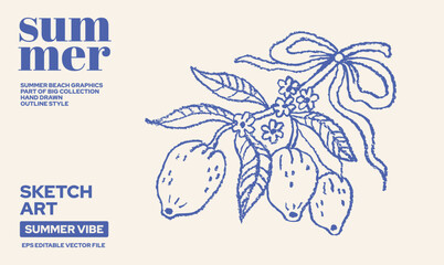 Lemon branch illustration. Tree line sketch drawing. Simple limon pattern. Hand drawn art Italy. Sicilian, Amalfi lime plant. Leaf lemon logo. Vector linear coast sketch. Doodle Mediterranean citrus © Olga Che