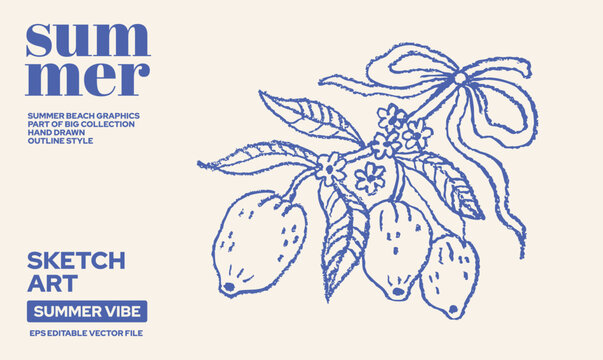 Lemon branch illustration. Tree line sketch drawing. Simple limon pattern. Hand drawn art Italy. Sicilian, Amalfi lime plant. Leaf lemon logo. Vector linear coast sketch. Doodle Mediterranean citrus