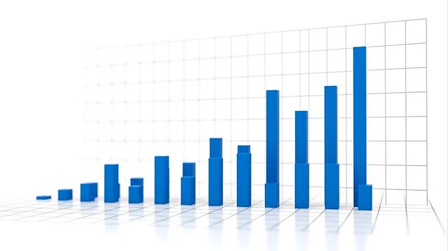 Blue 3D bar chart showing progressive growth and data analysis on an isolated white background.