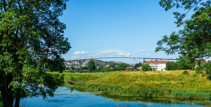 Iconic Fredrikstad Bridge Arching Over Glomma River in Norway Summer Landscape