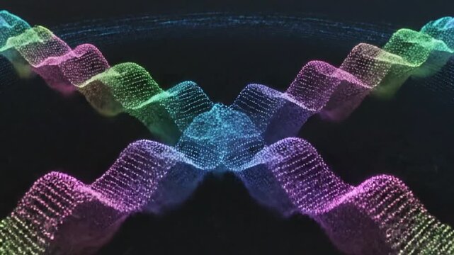 Vibrant DNA strands intertwine in a mesmerizing dance against a dark backdrop, showcasing the intricate beauty of genetic material.