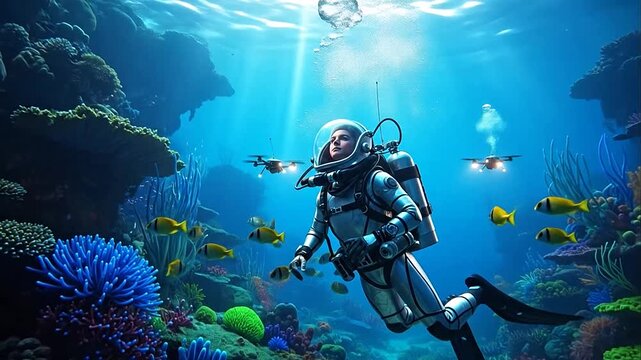 Scuba diver exploring a vibrant coral reef filled with colorful fish and underwater drones under rays of sunlight, depicting marine life and ocean exploration.