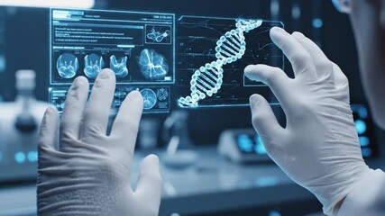Scientist interacts with DNA helix on digital interface in laboratory setting from a close-up viewpoint - Powered by Adobe
