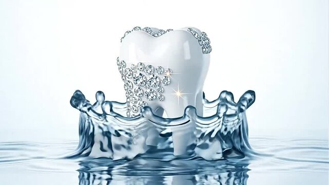 Sparkling diamond-encrusted molar tooth surrounded by elegant water ripples on an isolated white background, symbolizing luxury dental care and perfection.