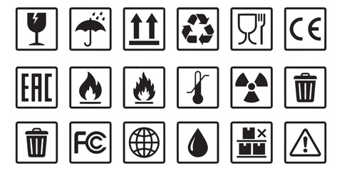 Packaging, Shipping, and Safety Symbols Icon Set in Black Vector Style.