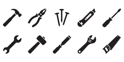 Hand Tool Silhouette Icons Set in Minimalist Black Vector Style.
