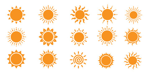 Yellow Sun Icons Set in Flat Minimalist Vector Style.
