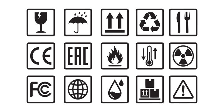 Packaging, Shipping, and Safety Symbols Icon Set in Black Vector Style.