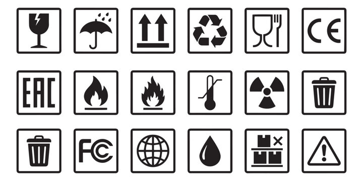 Packaging, Shipping, and Safety Symbols Icon Set in Black Vector Style.