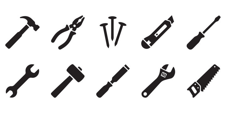Hand Tool Silhouette Icons Set in Minimalist Black Vector Style.