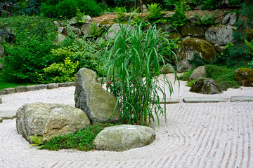ogród japoński, japanese garden, Zen garden, karesansui garden, Japanese garden with raked pebbles, miskanty (miscanthus) © kateej
