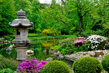 wiosna w ogrodzie, ogr&oacute;d japoński kwitnące r&oacute;żaneczniki i azalie, ogr&oacute;d japoński nad wodą, japanese garden blooming rhododendrons and azaleas, Rhododendron, designer garden
