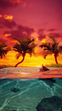 3D Animation of Tropical Beach at Sunset, Romantic Travel Getaway with Exotic Island, Palm Trees, Ocean Waves, Paradise Holiday