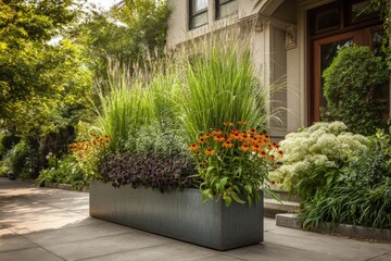 A vibrant planter filled with lush, tall grass and an array of colorful flowers sits gracefully on the sidewalk next to a building during the bright daylight hours