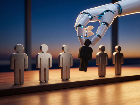 AI robotic hand selecting human figure for recruitment concept