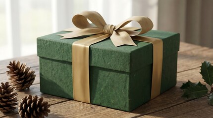Green gift box wrapped with wide natural beige ribbon and bow close up