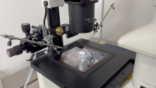 Human embryos under microscope in laboratory petri dish, IVF and reproductive medicine concept