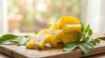 Sliced carambola star fruit on wooden board with green leaves