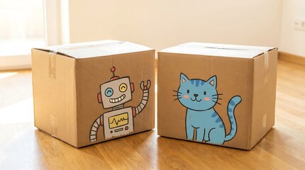 Two cardboard moving boxes decorated with drawn cartoon robot and cat