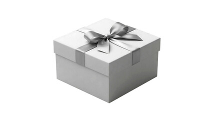White gift box with silver ribbon bow isolated on transparent background