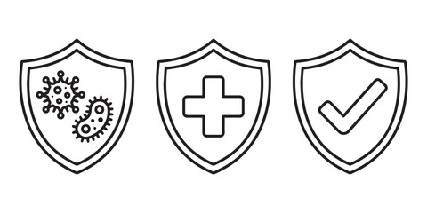 Health, Safety, and Protection Shield Icons in Minimalist Vector Style.