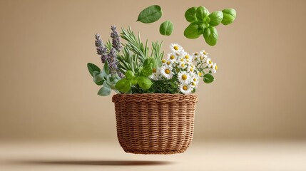 A basket filled with flowers and herbs is floating in the air. The basket is filled with a variety of plants, including lavender, basil, and daisies. Concept of freedom and lightness