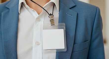 Person Wearing Blue Suit with Empty Name Badge on Lanyard white shirt