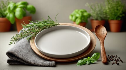 A white plate with a spoon and herbs on a table. The plate is empty and the spoon is wooden