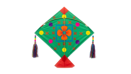Green Diamond Kite with Orange Flower and Colorful Tassels on White Background