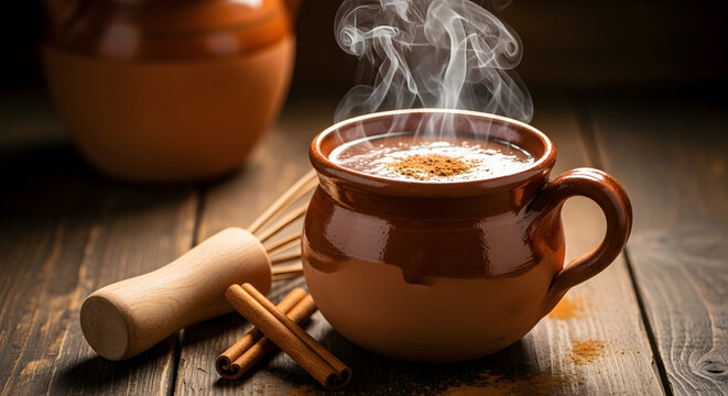 Steaming traditional Mexican Champurrado hot chocolate drink wit