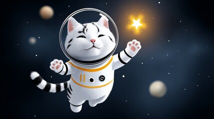 Fototapeta premium A cat in a space suit is flying through space. The cat is smiling and he is happy