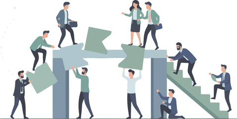Fototapeta premium Business people helping each other climb stairs representing career growth and team support.